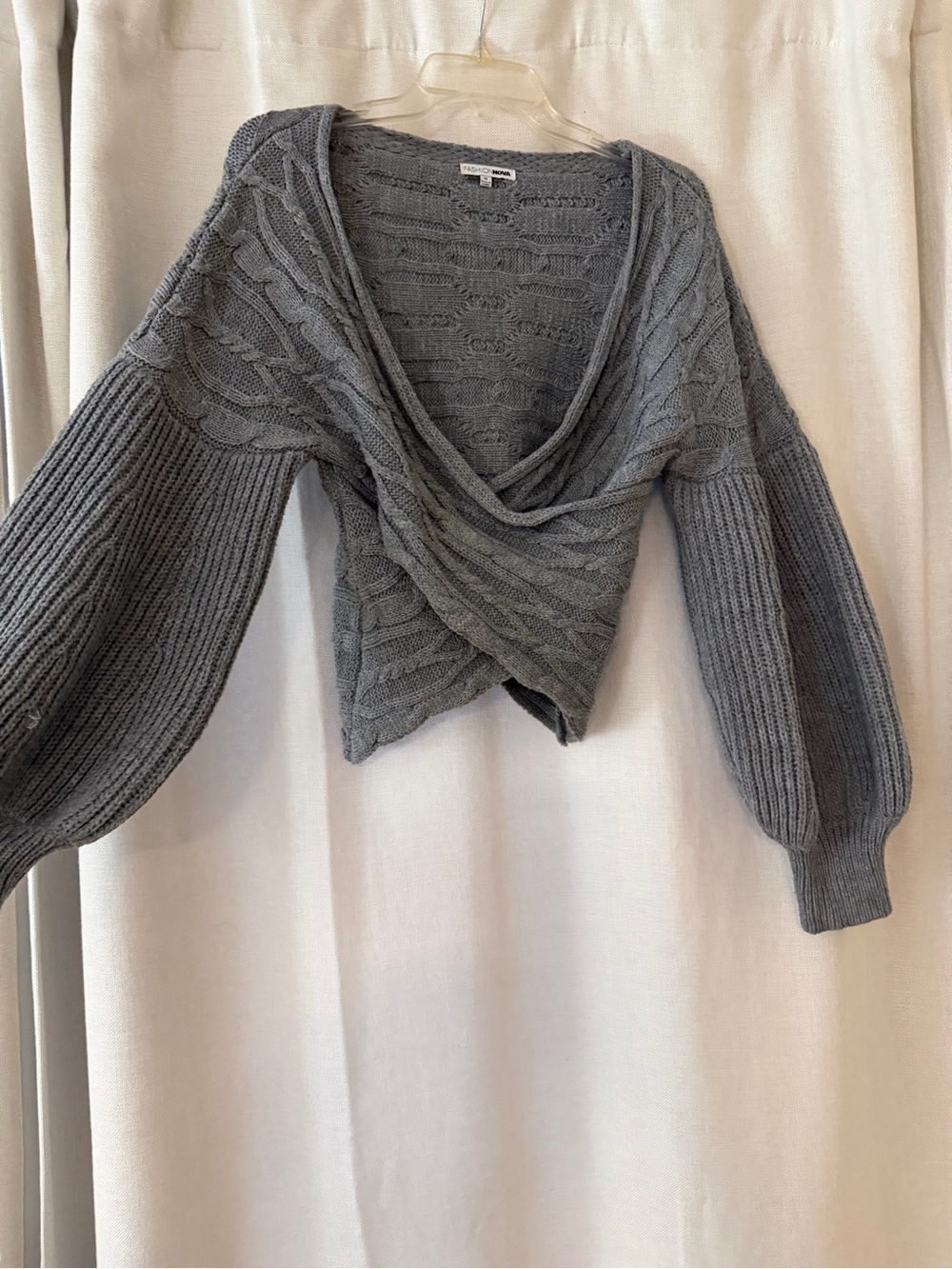 Fashion Nova Grey Cable-Knit Draped Wrap Sweater - Picture 2 of 5